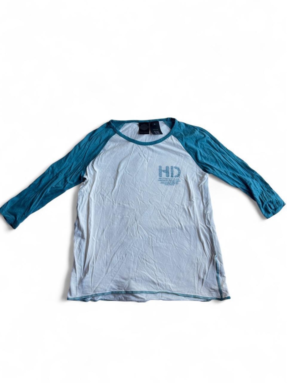 Harley Davidson quarter sleeve shirt with teal sleeves